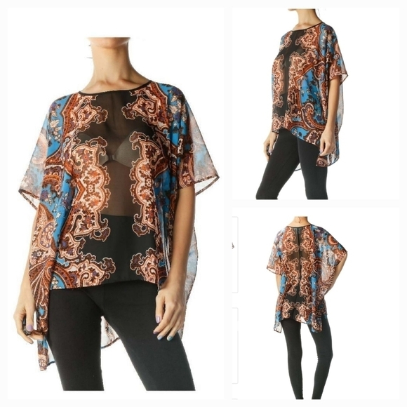 Carmen Carmen Marc Valvo Black, Blue, and Orange See Through‎ Floral Print Flowy - Picture 1 of 8